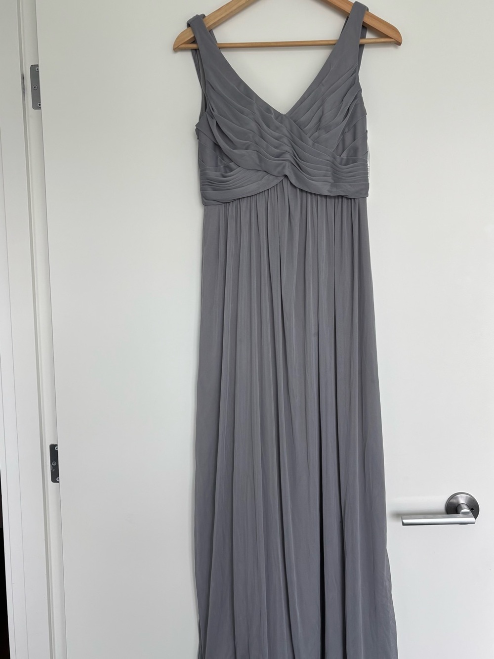 David’s Bridal Gray Long Mesh Cowl Back Maxi Dress